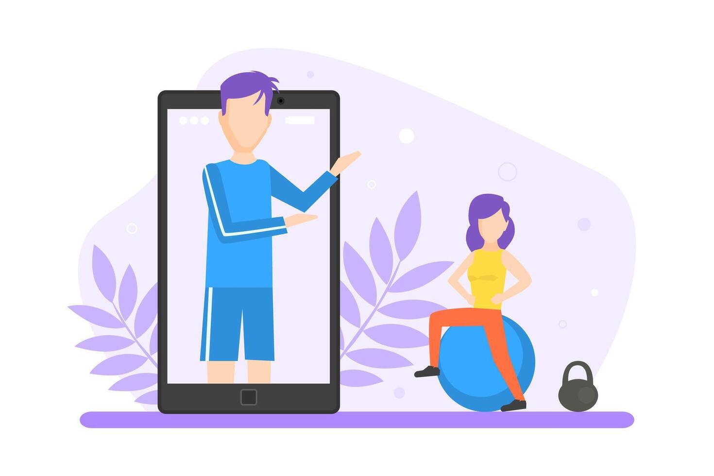 Young Woman Doing Fitness Together with Online Coach, Professional Sport Personal Trainer Mobile Application Illustration vector