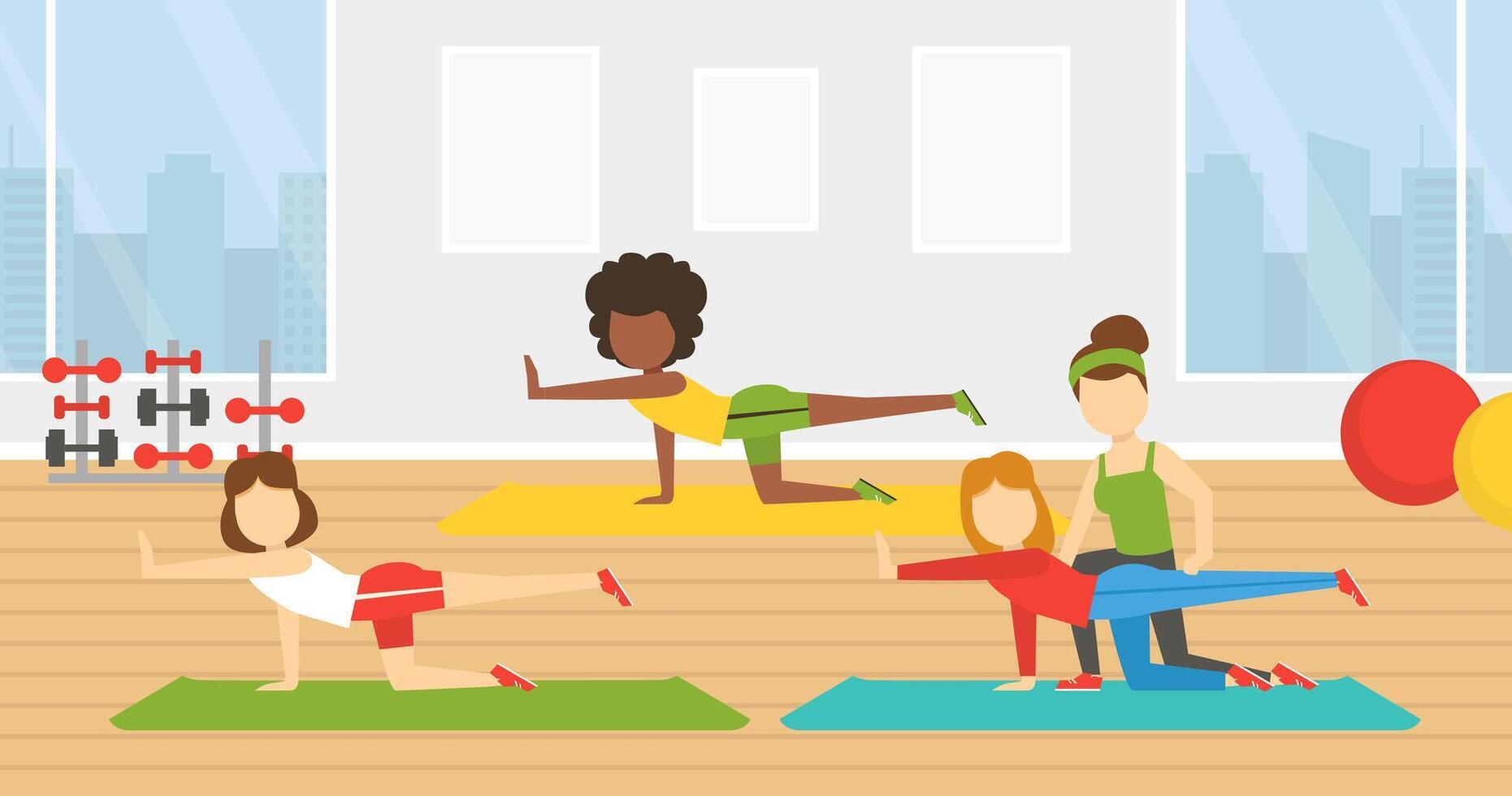 Group of Young Women Doing Fitness in Gym, Active Healthy Lifestyle, Indoor Sports Concept Illustration vector