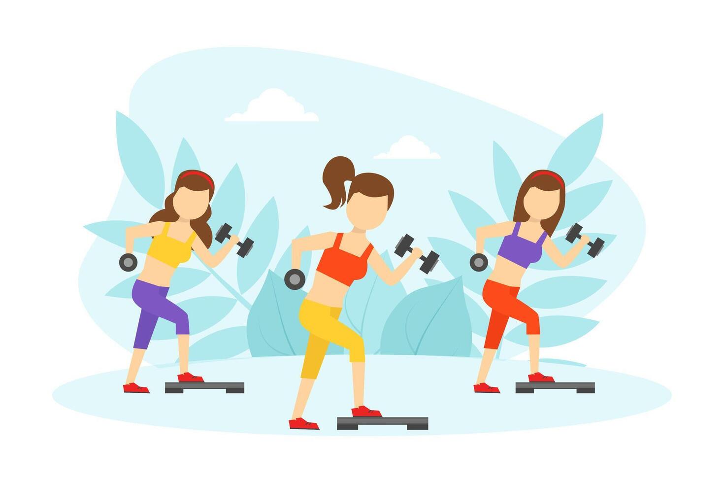 Group of Young Women Exercising with Dumbbells, Girls Doing Fitness in Gym, Active Healthy Lifestyle, Indoor Sports Concept Illustration vector