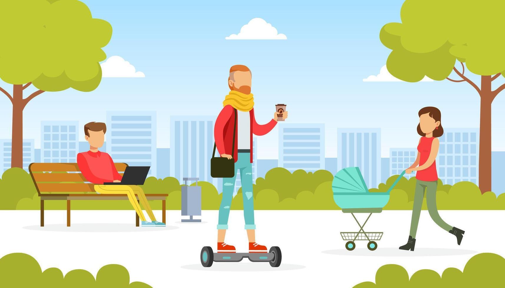 People Walking in Park, Young Man Riding Gyro Board, Woman Pushing Pram with her Newborn Baby, Man Sitting on Bench and Working with Laptop Computer Illustration vector