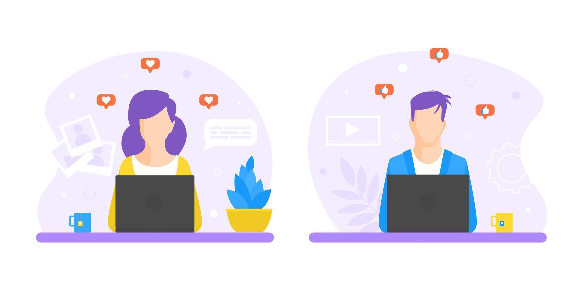 Man and Woman Working at Desks, Office Employees Characters Sitting on Chair at Table in front of Computer Screens in Office Workplace Illustration vector