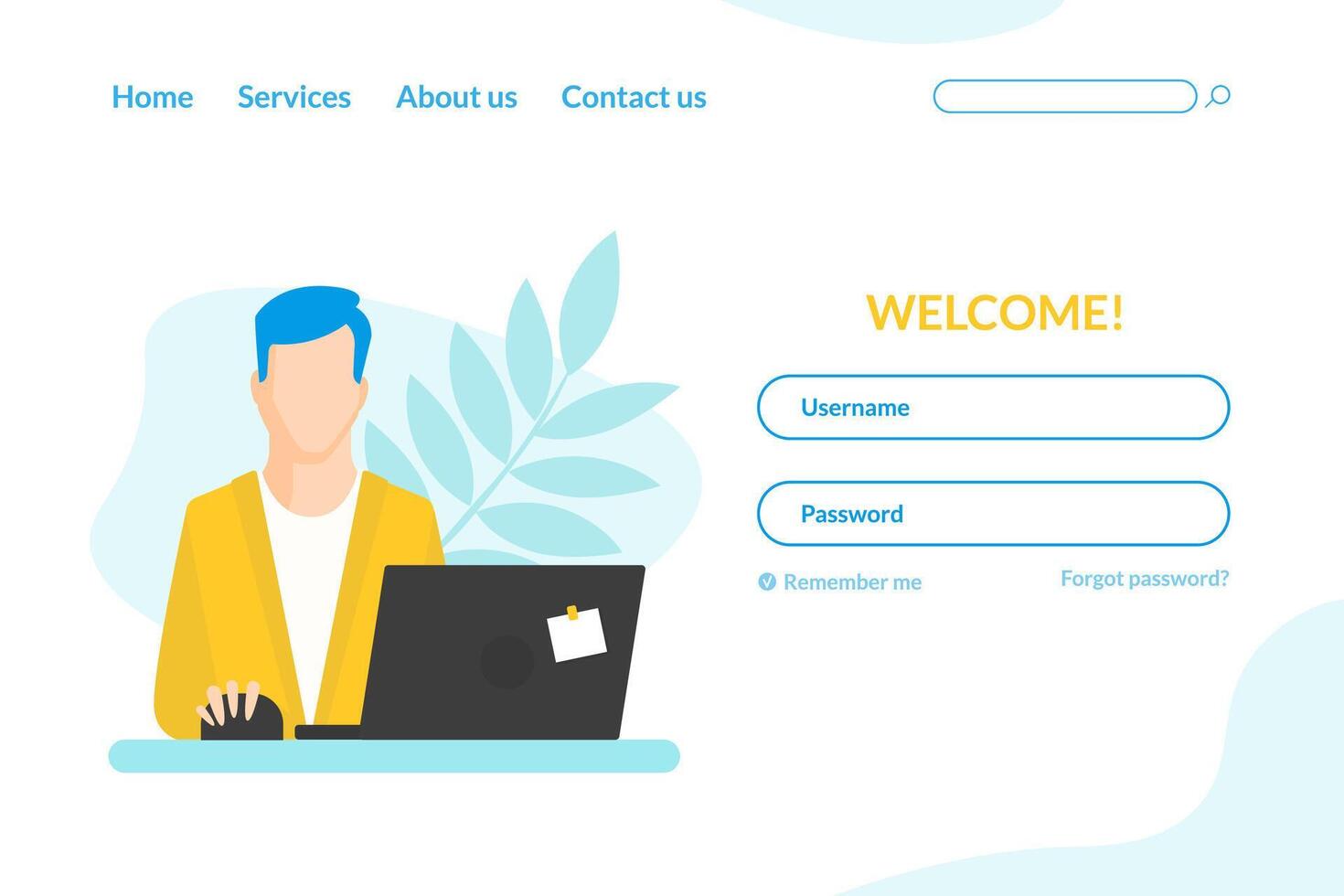 Landing page template, Businessman Working at Laptop Computer, Social Internet Security Concept Illustration vector