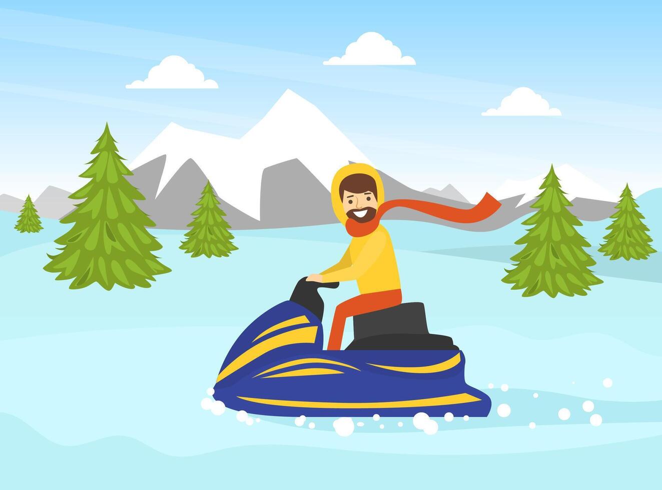 Man Riding Snowmobile in Winter Landscape, Outdoor Activity During Winter Holidays Cartoon Illustration vector