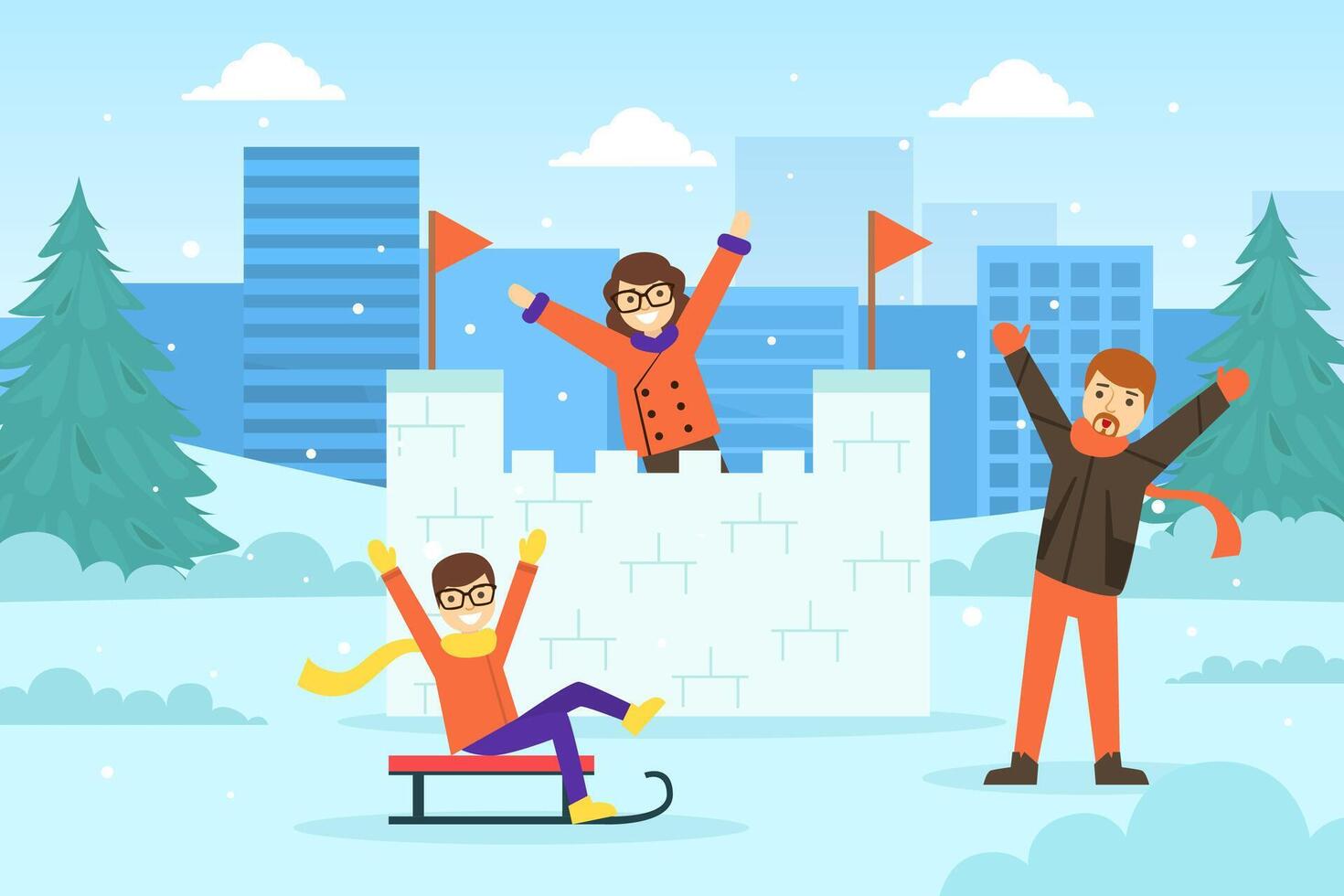 Happy Children Building Snow Castle and Sledding, Winter Sports and Activities Concept Illustration vector