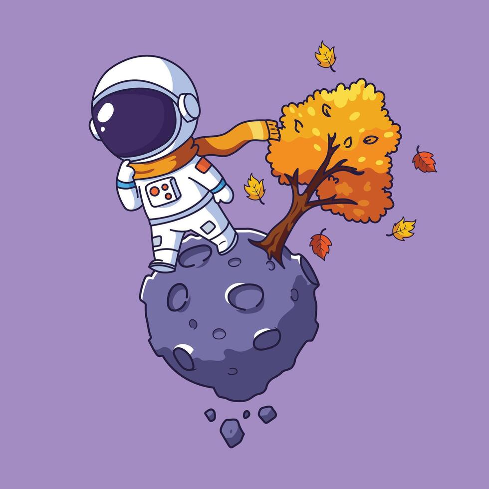 cute Astronaut on an Asteroid with an Autumn Tree vector
