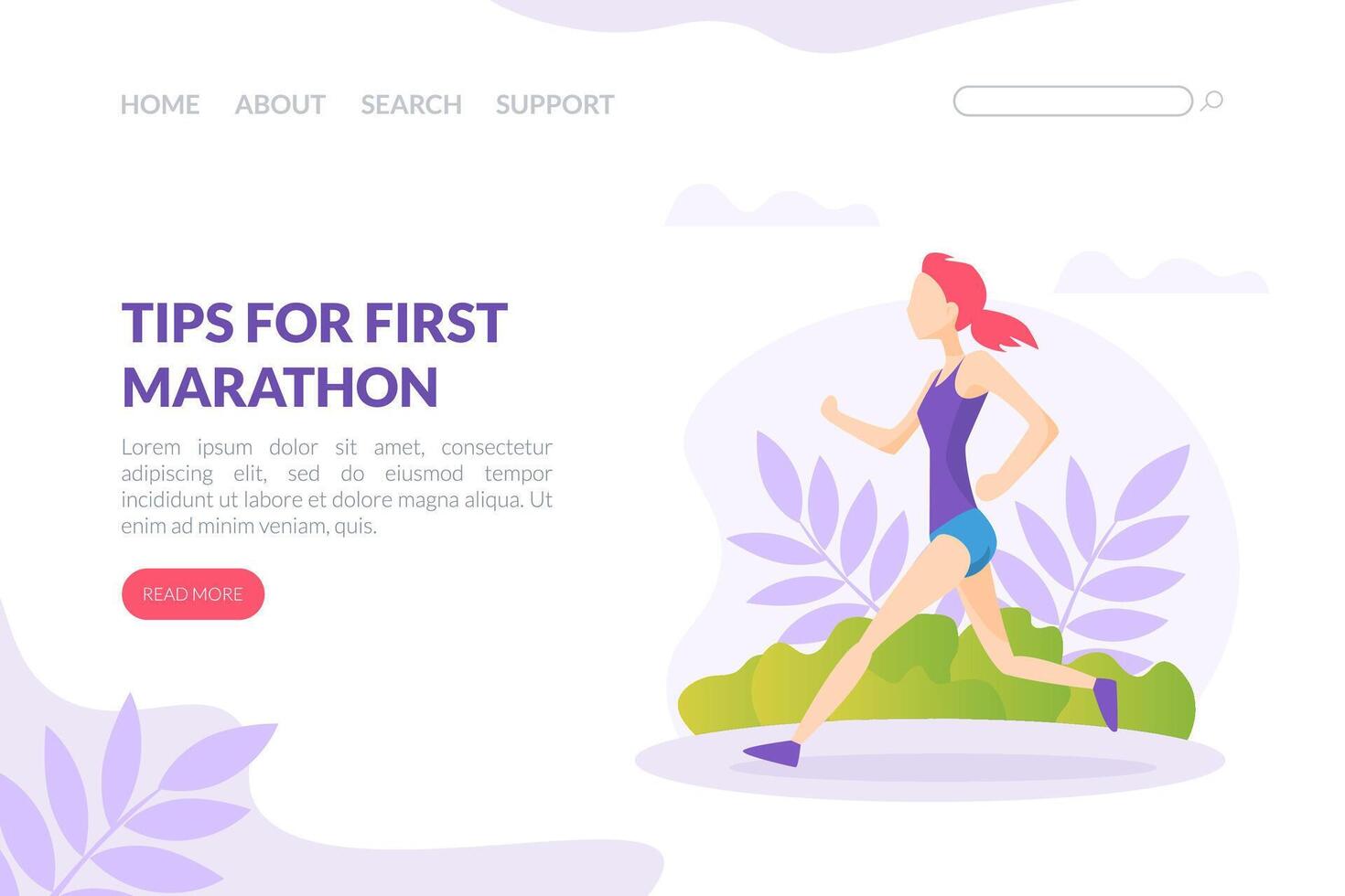 Tips for First Marathon Landing Page Template, Running Competition Web Page, Young Woman Jogging or Running in Park Illustration vector