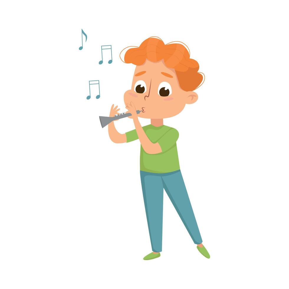 Funny Boy Standing and Playing Flute Illustration vector