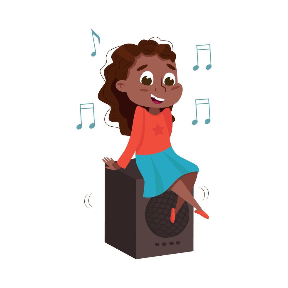 Little Girl Sitting on Music System and Singing Illustration vector