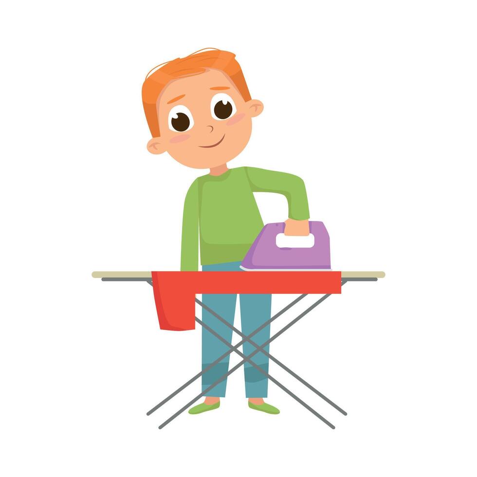 Little Big-eyed Boy Ironing Clothes on Ironing-table Illustration vector
