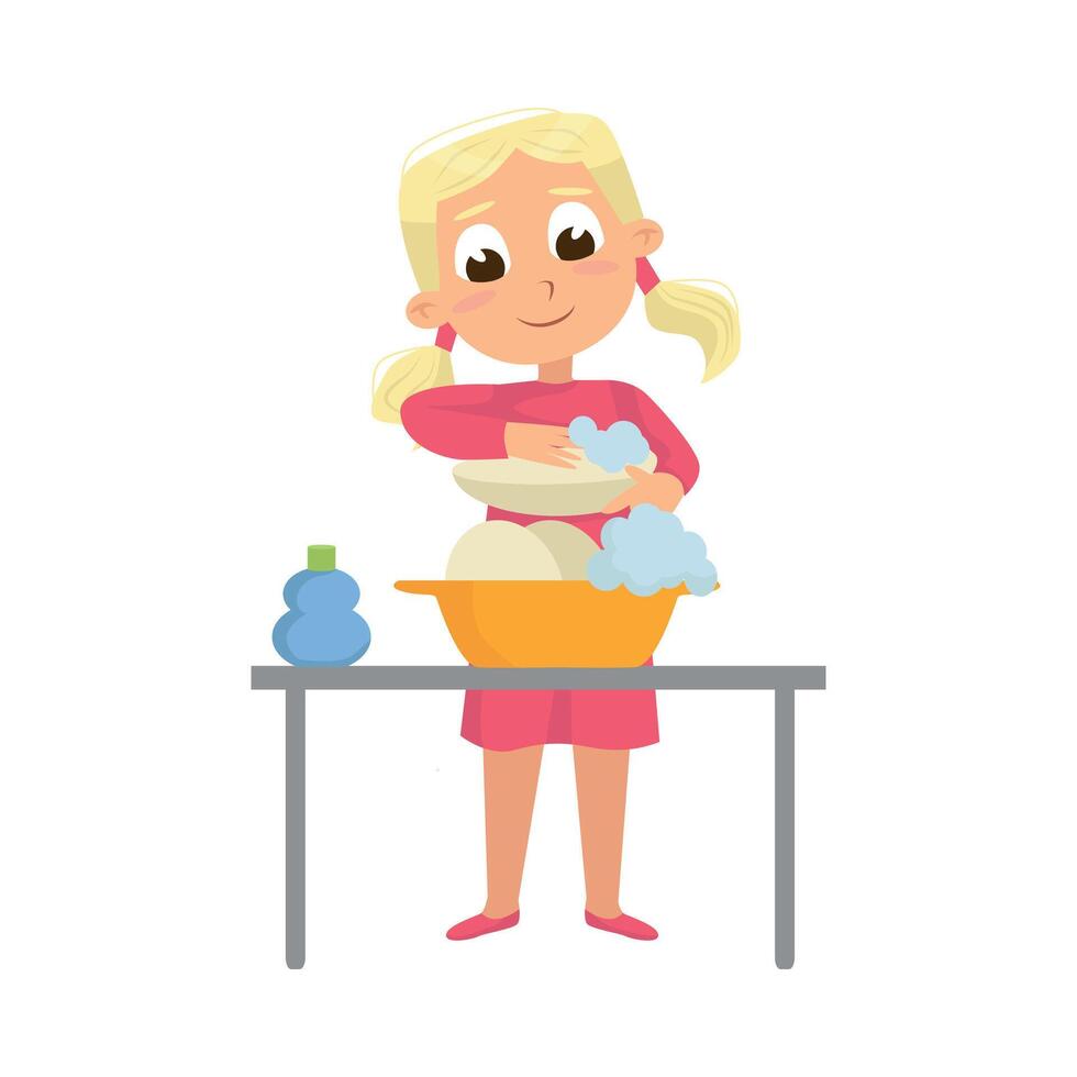 Little Big-eyed Girl Washing the Dishes with Soap Illustration vector