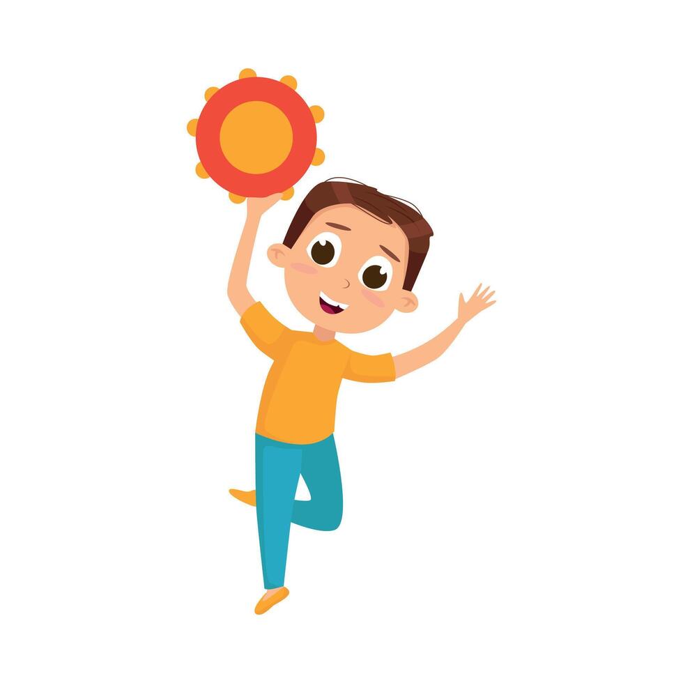 Funny Boy Standing and Playing Tambourine Illustration vector