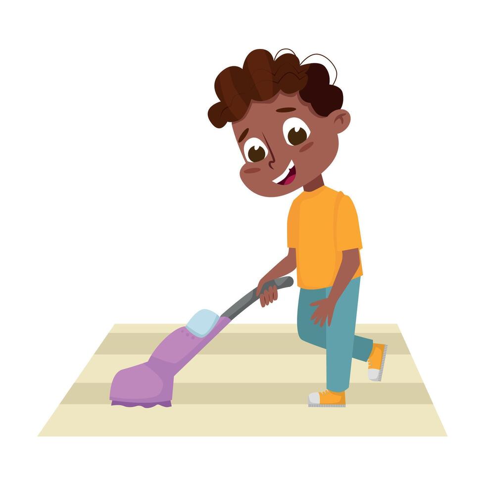 Smiling Boy Vacuum Cleaning Carpet or Rug Illustration vector