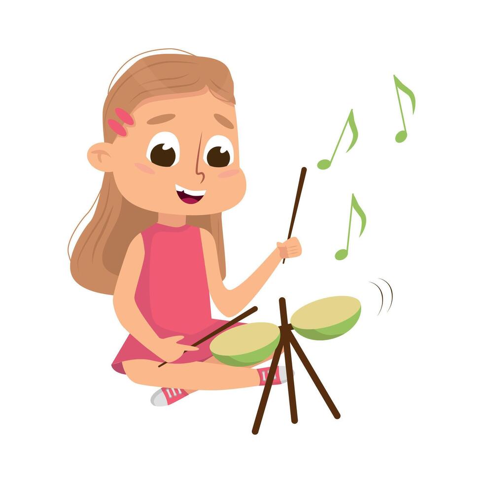 Funny Girl Sitting and Playing Drum Illustration vector