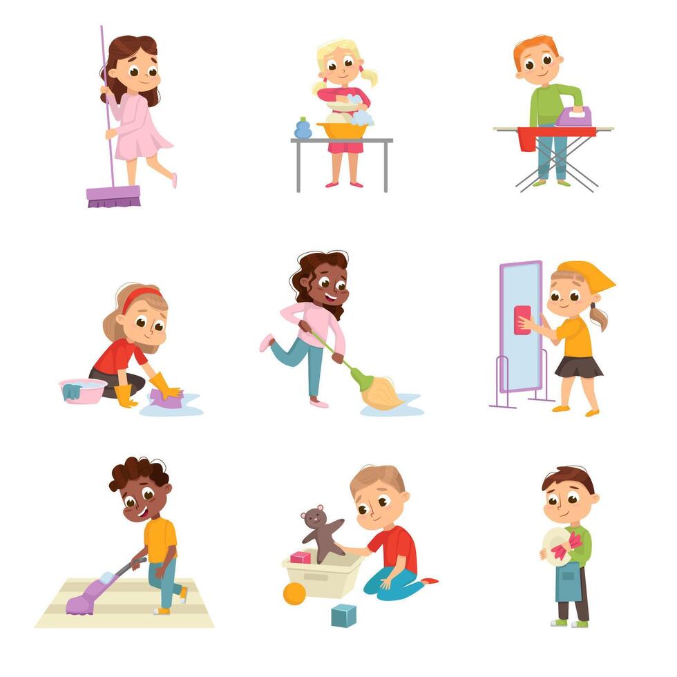 Funny Children Doing Housecleaning Mopping the Floor and Washing Dishes Set vector