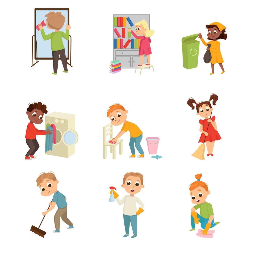 Energetic Children Doing Housecleaning Rubbing Mirror and Sweeping the Floor Set vector