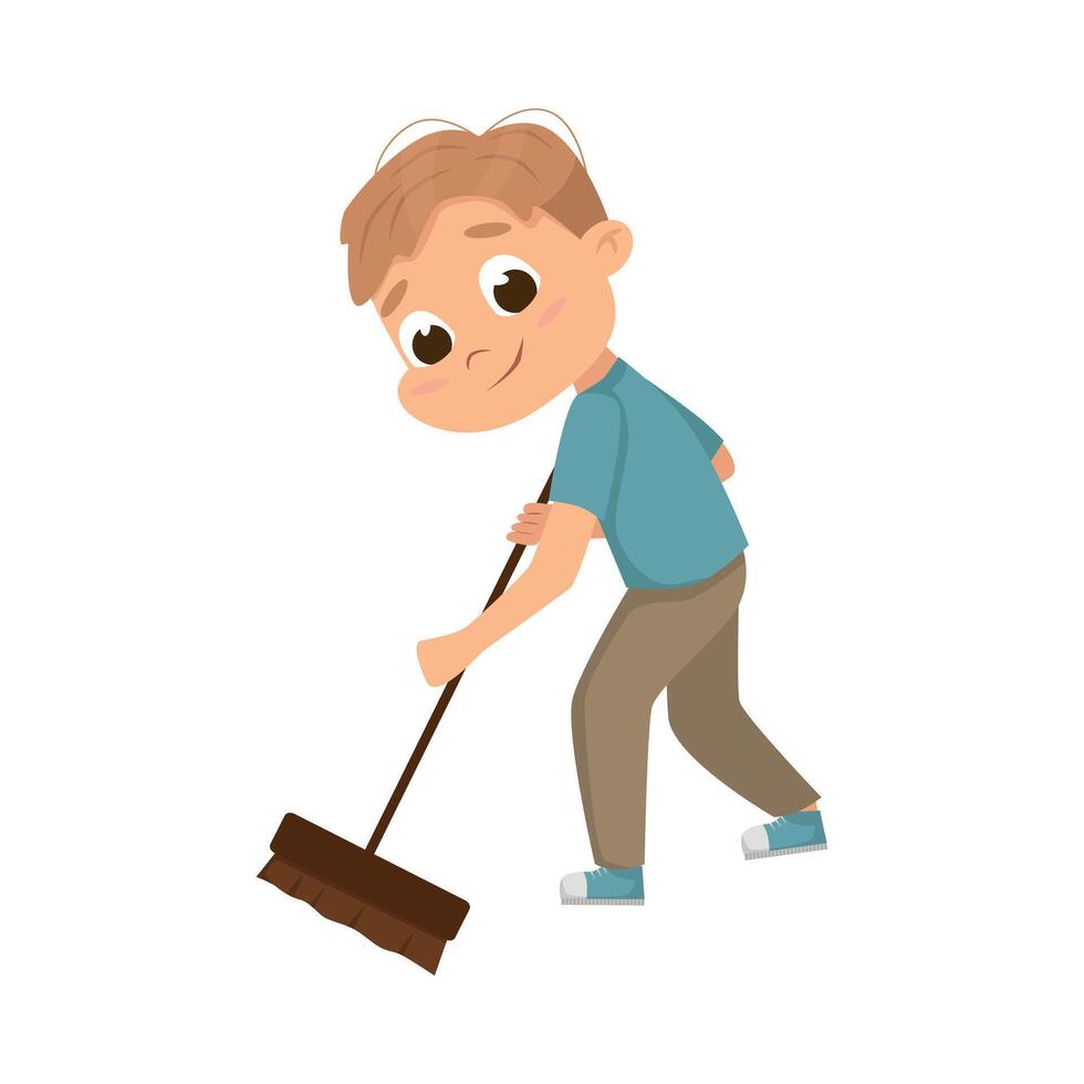 Little Boy Sweeping the Floor with Broom Illustration vector