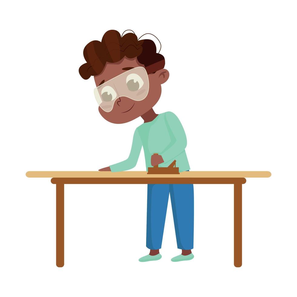 Cute Boy Bearding Wood Plank Studying Arts and Crafts Illustration vector
