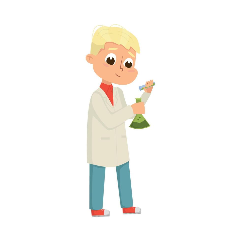 Curious Boy Holding Flask with Chemicals Studying Chemistry Illustration vector
