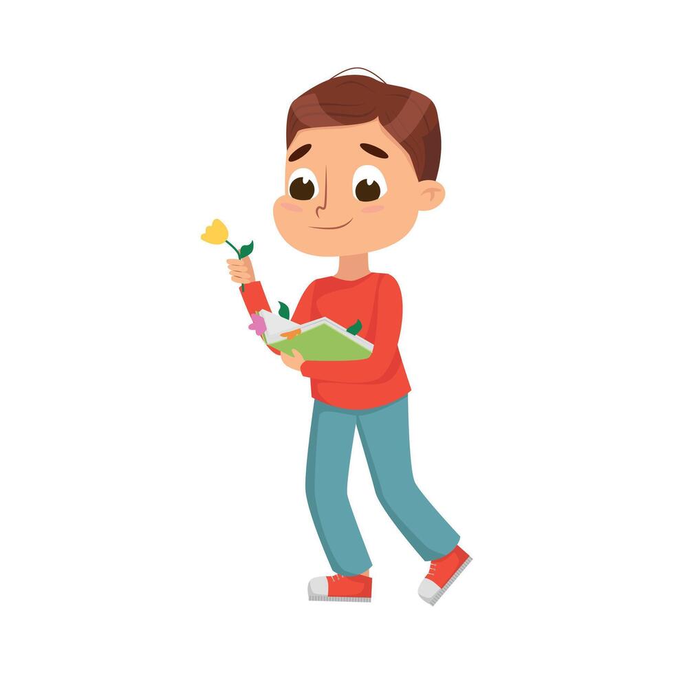 Curious Boy Holding Book with Herbarium Illustration vector