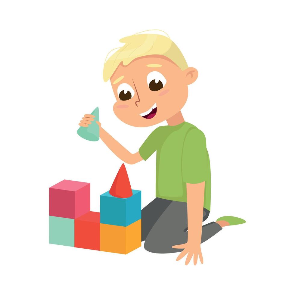 Little Boy Sitting and Learning Geometrical Figures Illustration vector