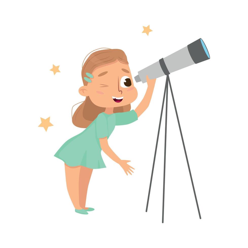 Curious Girl Looking in Telescope Studying Stars Illustration vector