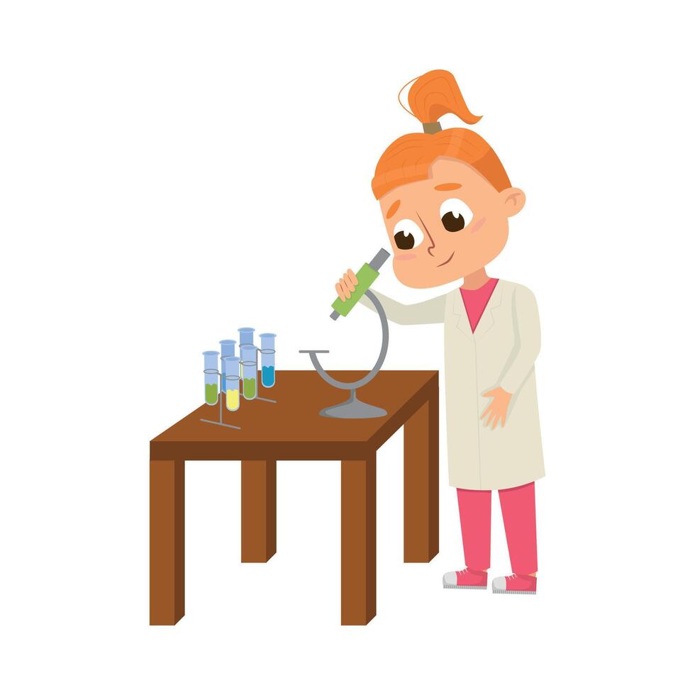 Curious Girl Examining Chemicals with Microscope Studying Chemistry Illustration vector