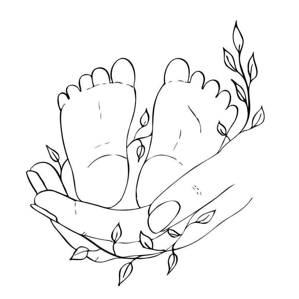 illustration. Parent holding in the hands feet of newborn baby. Hand painted linear contour delicate twig with leaves. Graphic clipart isolated. Botanical, tattoo sketch. For designers, nursery vector