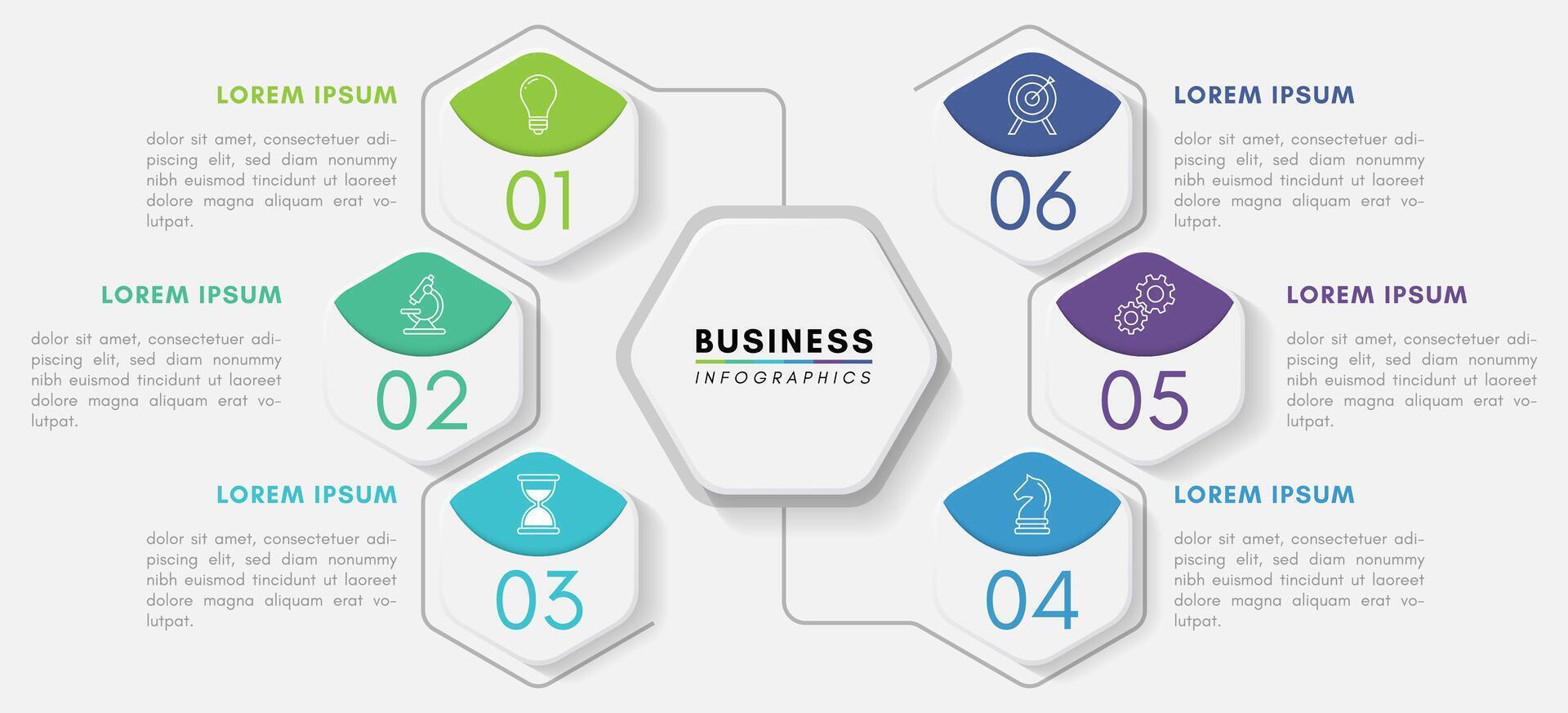 Business infographics design template with 6 steps or icons, illustration. vector
