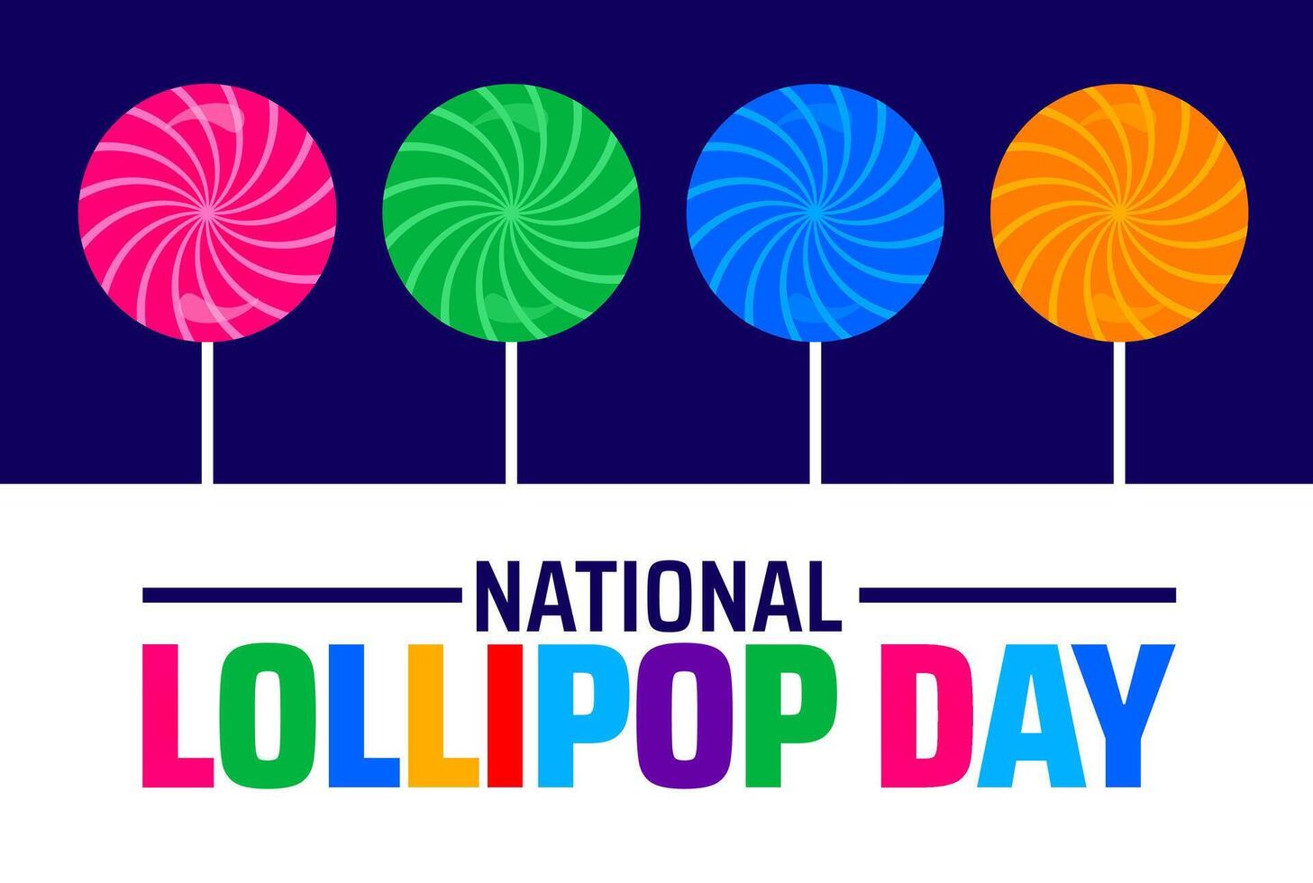 National Lollipop Day background or banner design. Colorful Swirl Lollipops Pink, Green, Blue, Orange on Dark Blue Background, Celebrating Sweet Confections. vector