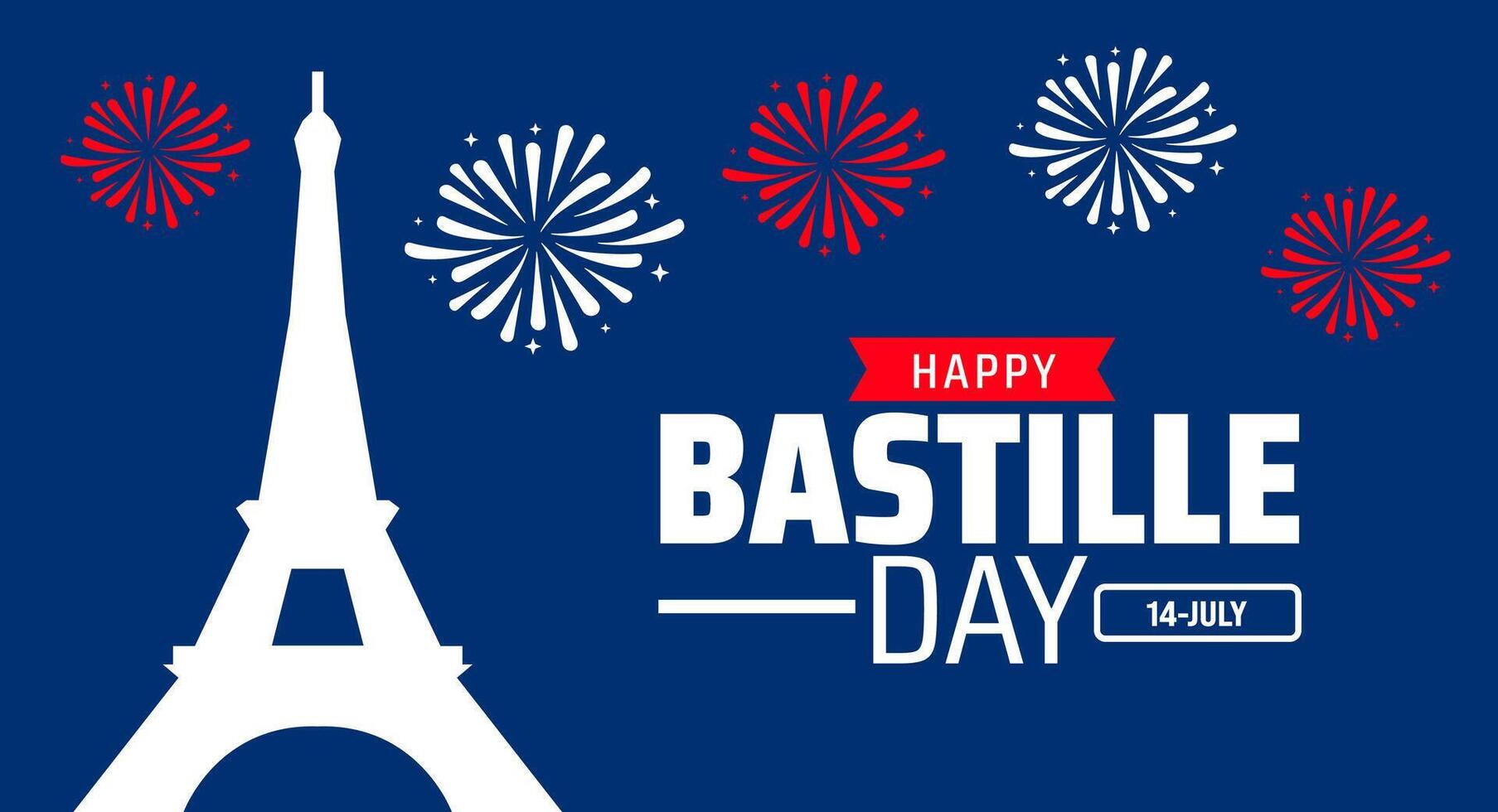 Happy Bastille Day background or banner design. White Eiffel Tower with Red and White Fireworks on Blue Background, Celebrating French National Holiday. vector