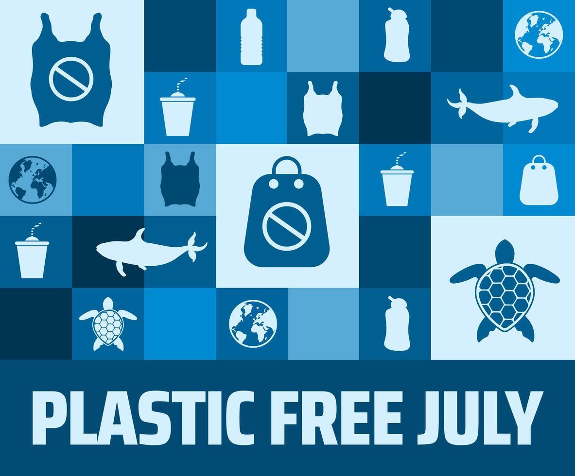 Plastic Free July background or banner design. Blue Tiled Background with Icons of Earth, Marine Life, and Plastic Items, Promoting Environmental Awareness. vector