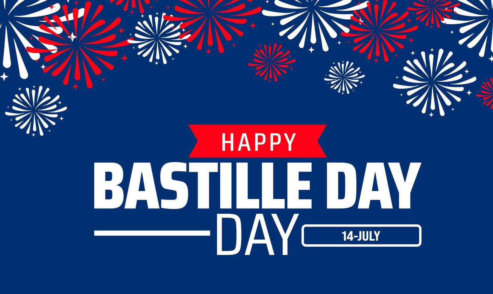 Happy Bastille Day background or banner design. Red and White Fireworks Exploding on a Dark Blue Background, Celebrating French National Holiday on 14 July. vector