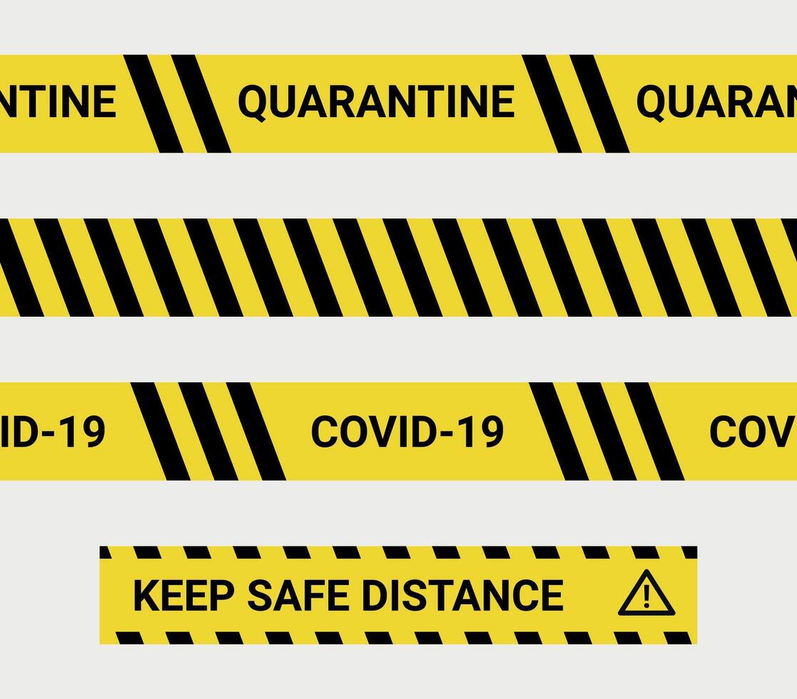 Keep safe distance quarantine tapes seamless design. Seamless covid caution barrier tape collection. Yellow tapes with black stripes and warning text for printing vector