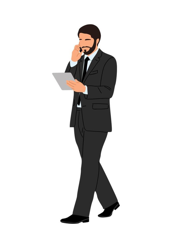 Business man in formal suit walking with tablet vector