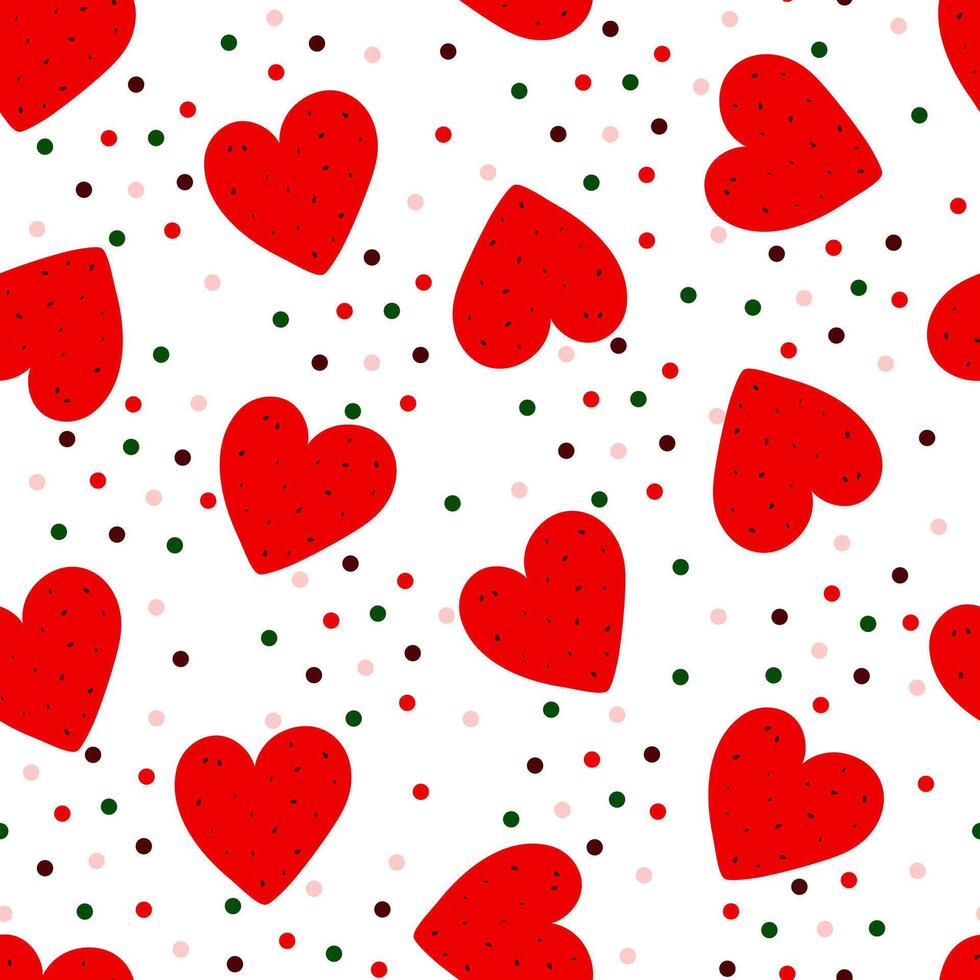 Watermelon slice cut in form of heart, polka dot seamless pattern, sweet ripe delicious fruit organic diet ingredient for dessert, healthy vegan food image for summer design, projects, package decor vector