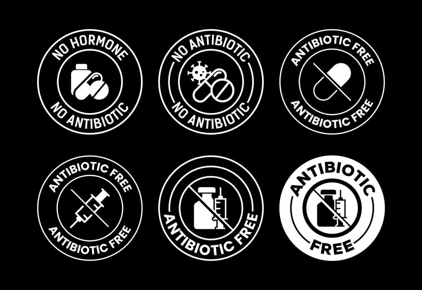 Antibiotic free icons set design, No antibiotic label sign white on black background vector