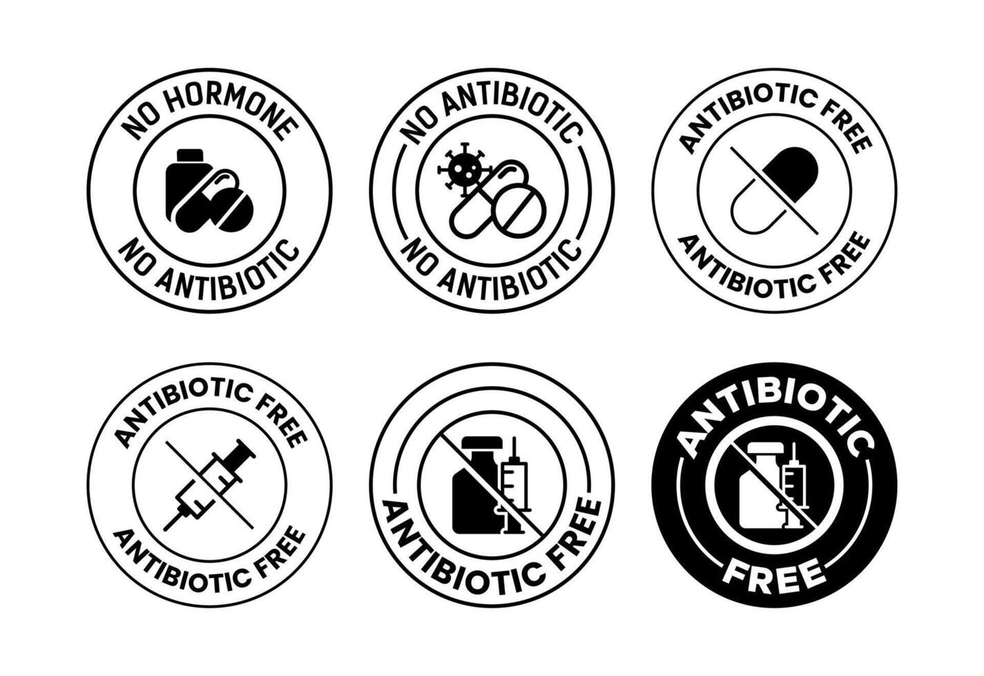 Antibiotic free icons set design, No antibiotic label sign black on white background vector
