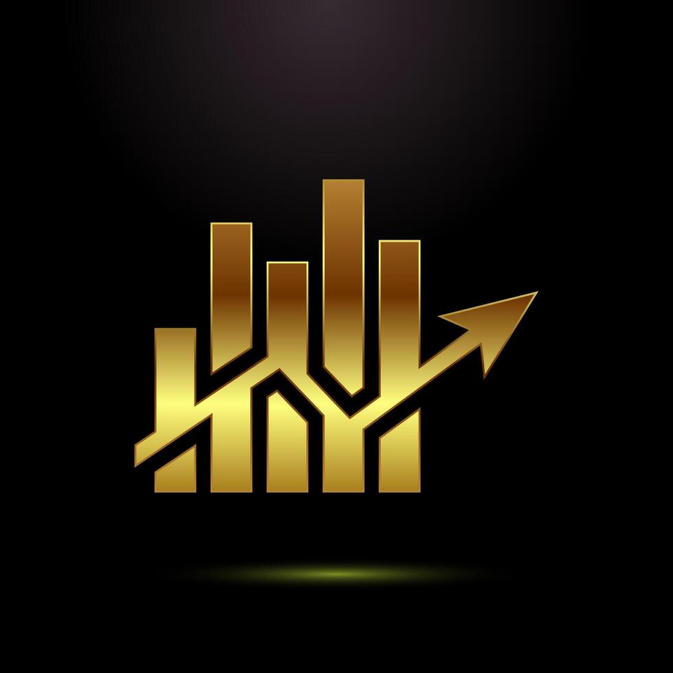 Bar chart icon, Graph logo, Growth sign symbol in gold color style vector