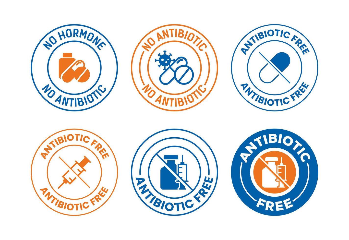 Antibiotic free icons set design, No antibiotic label sign vector