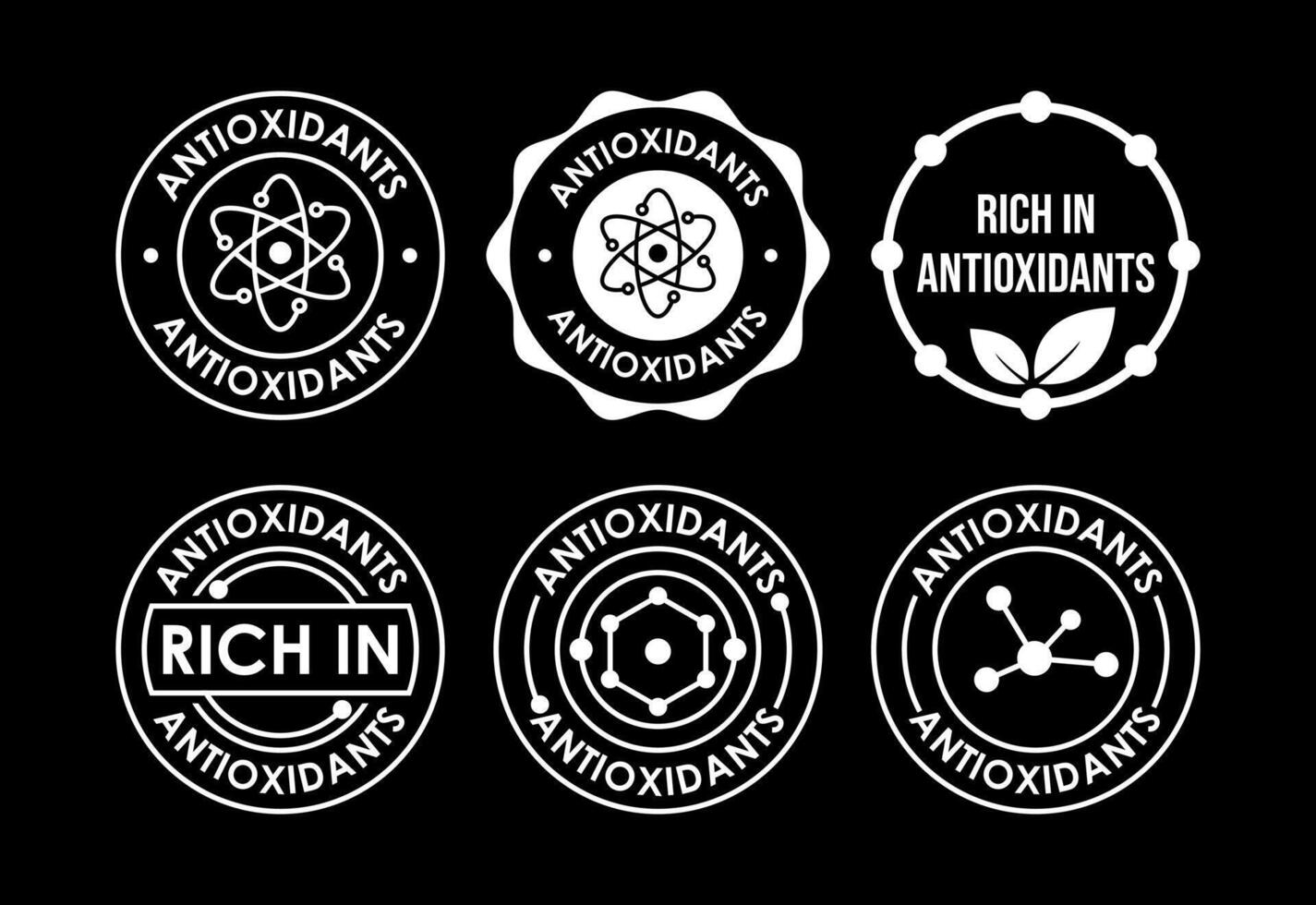Rich in antioxidants icons set design. Antioxidant rich food label sign symbol white on black background vector