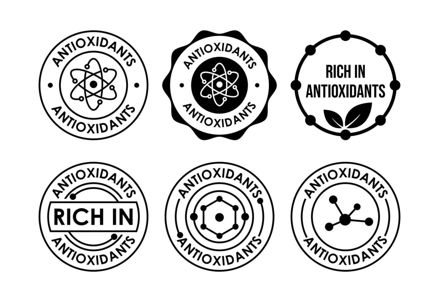 Rich in antioxidants icons set design. Antioxidant rich food label sign symbol black on white background vector