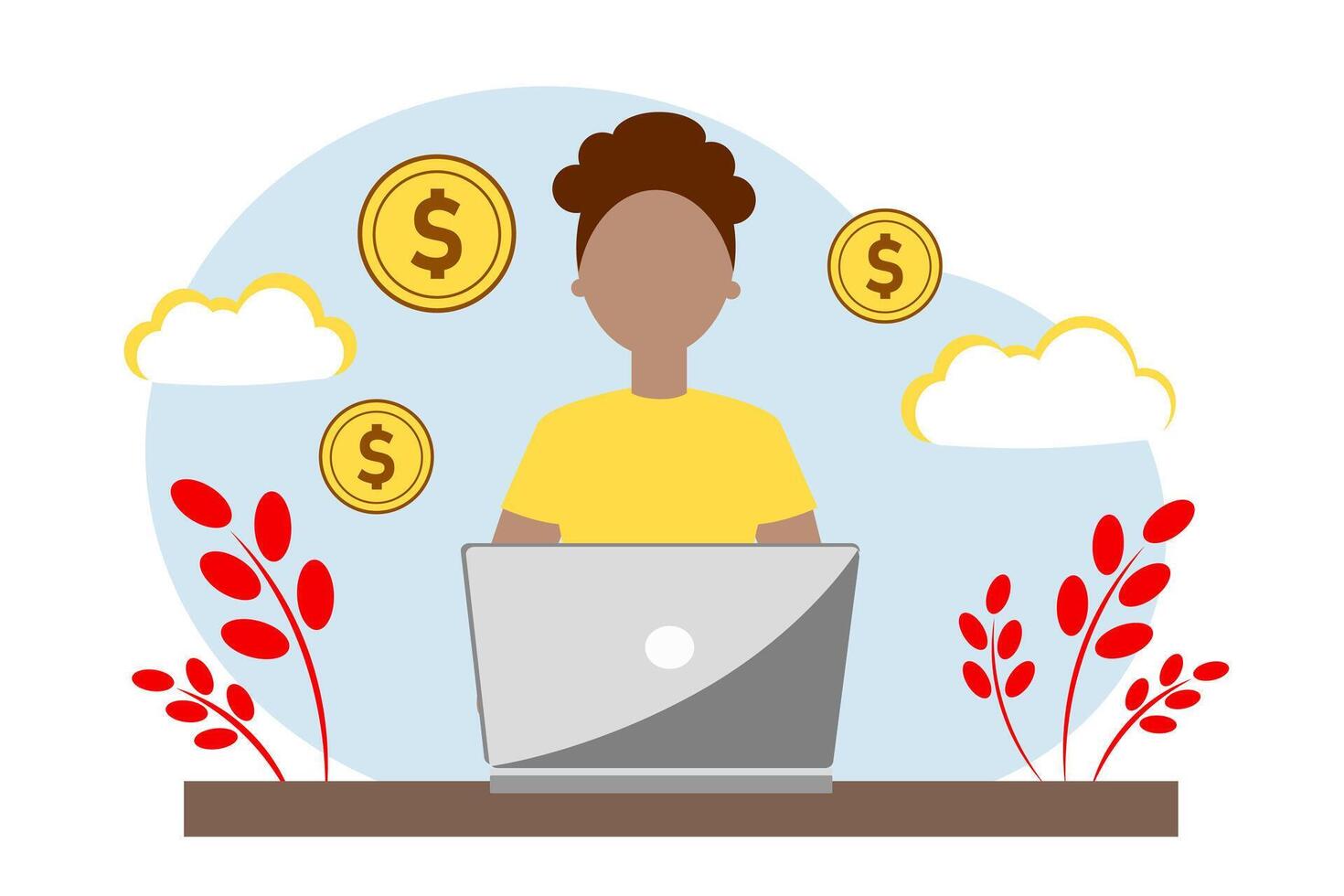 Dark-skinned girl sitting at desk with laptop and working. Making money at home, freelancing vector