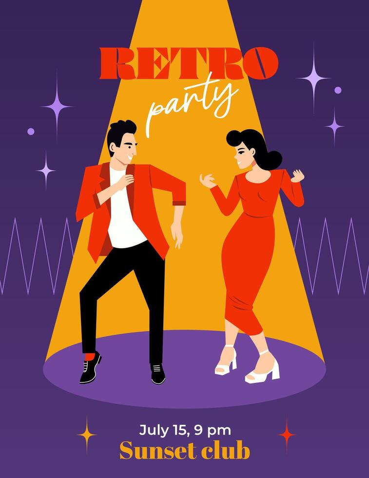 Retro dance party illustration featuring couple vector
