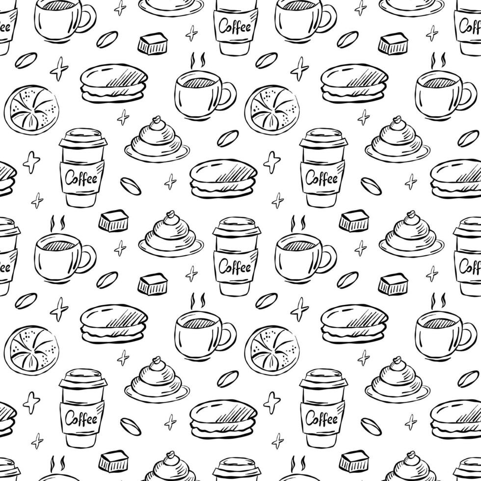 Cozy coffee doodle pattern with cups, pastries, and coffee beans in a charming layout vector