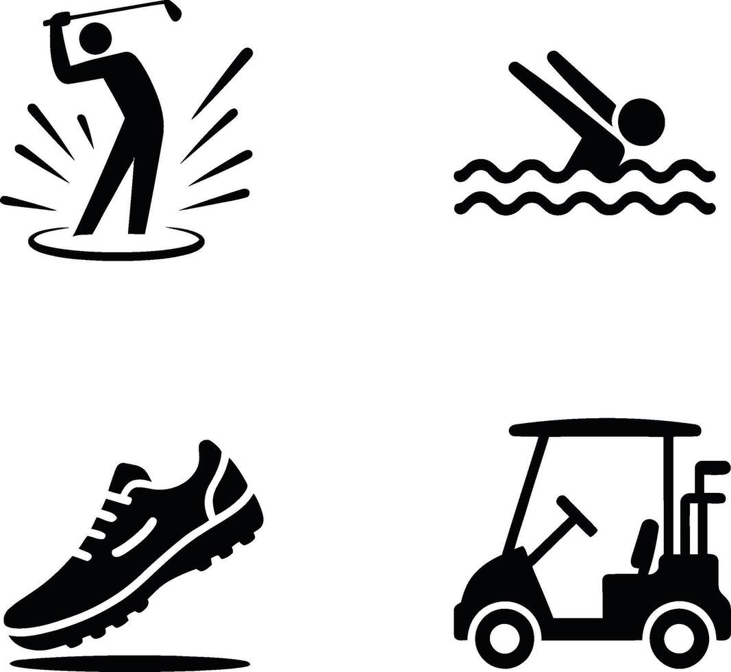 Simple Icons Representing Golf, Swimming, Sports Shoes, and Golf Cart vector