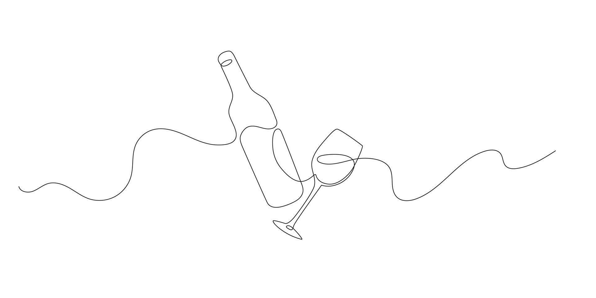 Continuous line drawing of wine bottle with wineglass. Minimal linear sketch of alcoholic drink in simple doodle style. Perfect for bar, menu, winery or packaging design. vector