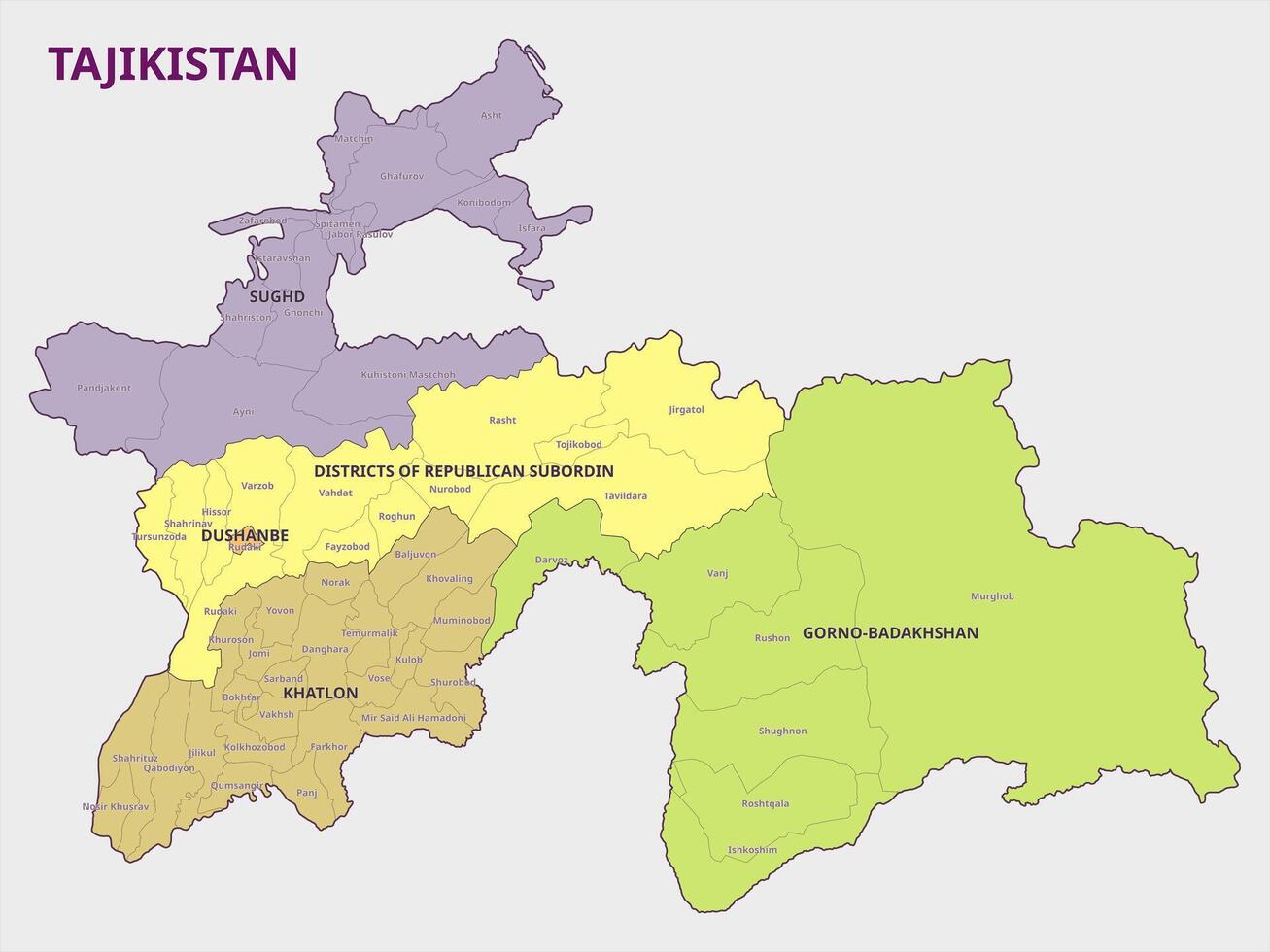 Map of Tajikistan, showing its administrative divisions vector