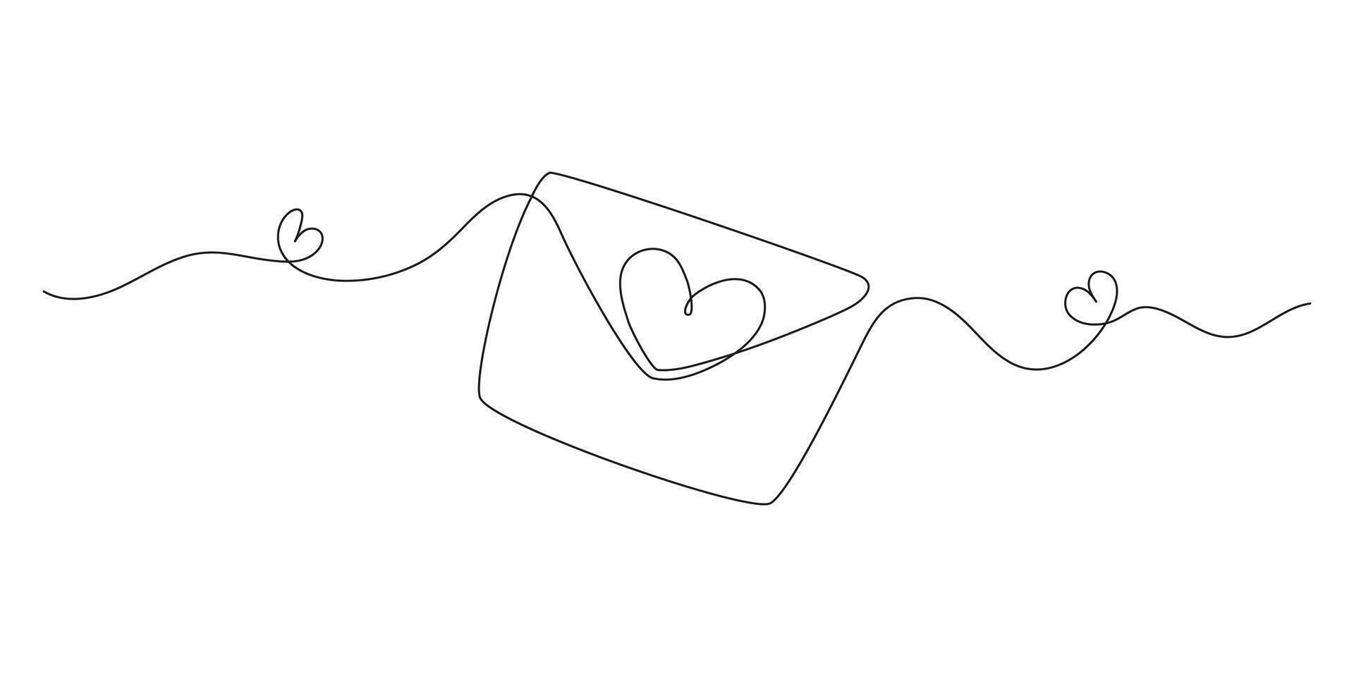One line drawing of heart and letter. Minimal continuous line art for romantic love, couple, date or relationship concept. Simple linear doodle style. illustration. vector