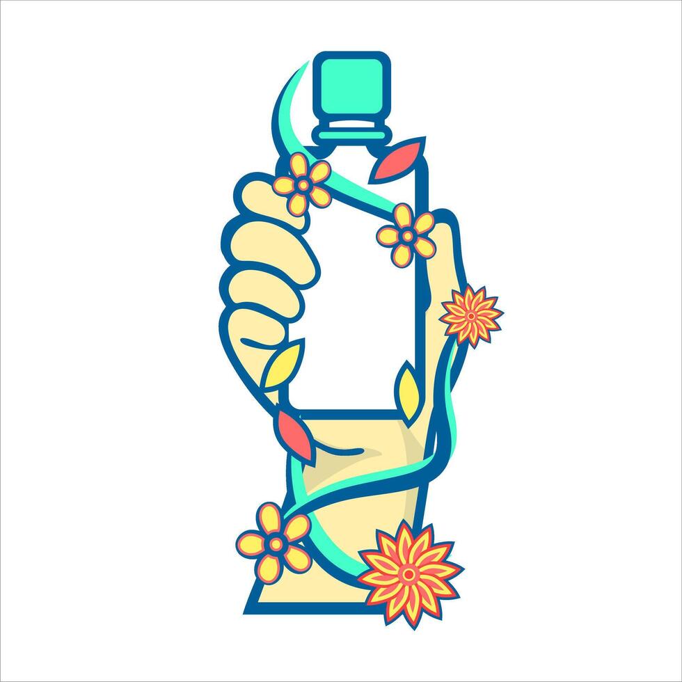 hands holding skincare bottles and floral elements vector