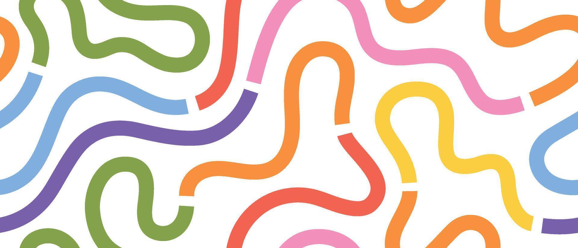 Playful seamless pattern with colorful hand-drawn swirls, arches, and zigzags. Modern abstract background perfect for wrapping paper or childrens design. vector